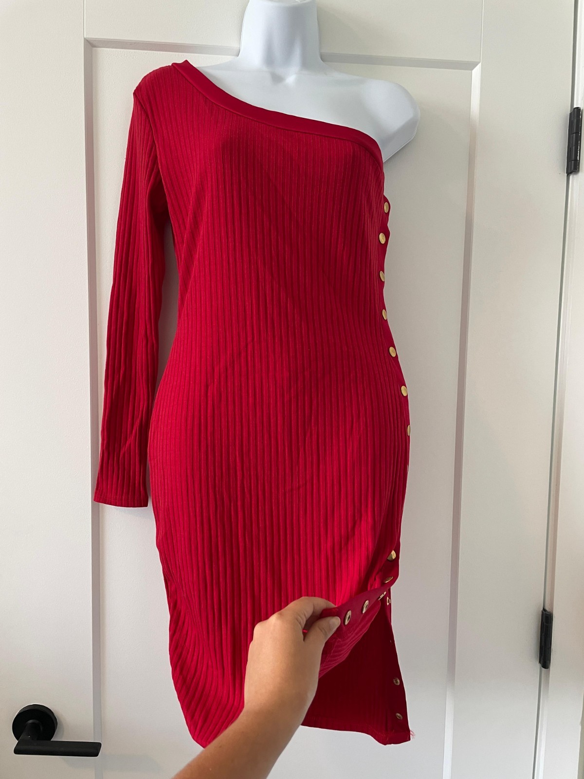 New Without Tag Red One Shoulder Bodycon Rib Knit Dress with Gold Button Detail