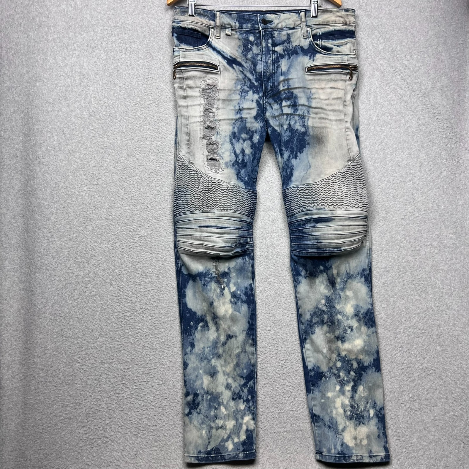 Robin’s Jean Mens Biker Slim Jeans 38 Acid Wash Distress Moto Blue /Gray Grunge