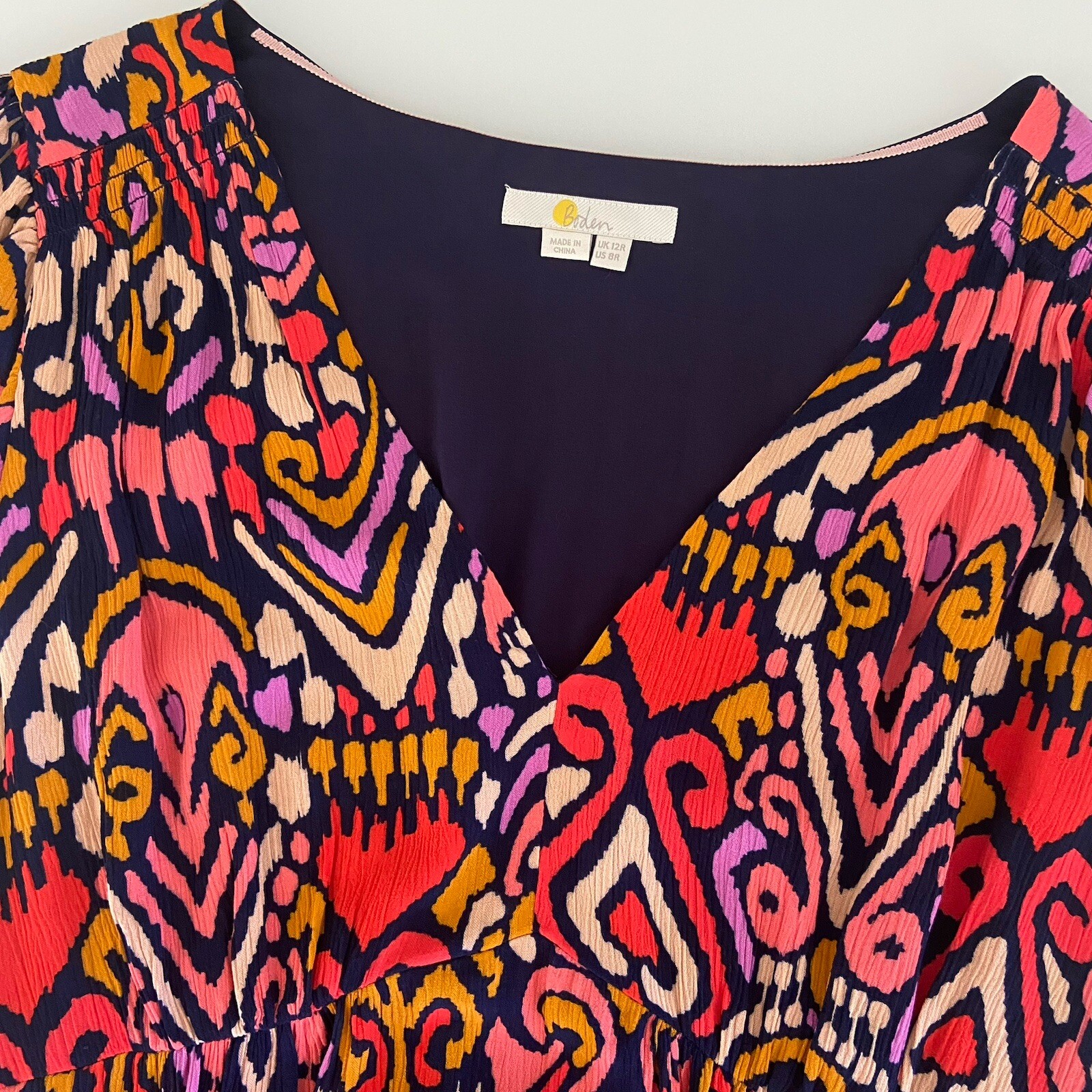 Boden Women’s Grace Flutter Sleeve Pocketed Dress Navy Ikat Charm Size 8R