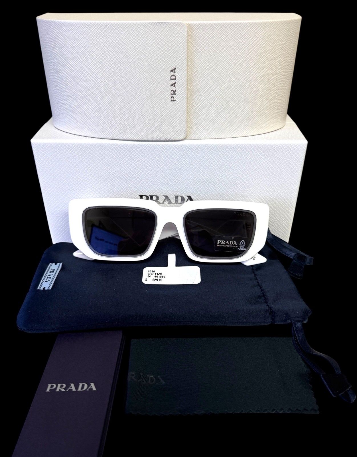 Prada Sunglasses Polished White Silver Logo SPR 11Z 461-5S0 with Case
