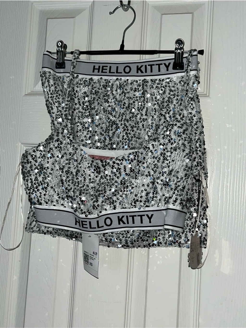 Forever 21 White and Silver Sequin Hello Kitty Crop Top and Skirt