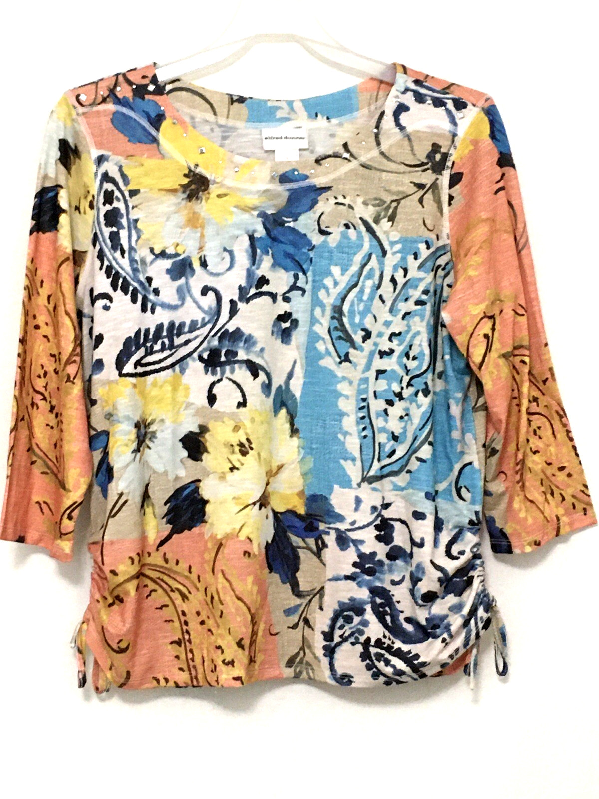 Alfred Dunner L Side Pull Tie Patchwork Print Decorative Neckline 3/4 Sleeve Top
