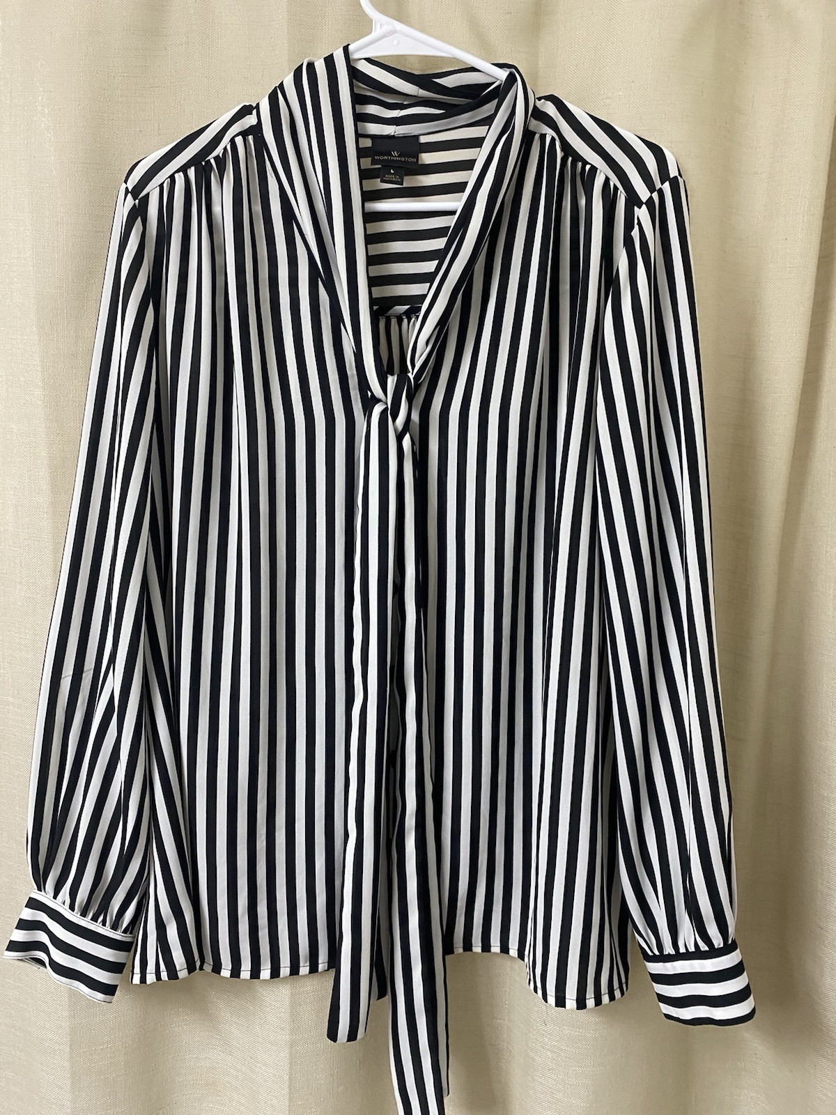 Worthington Black & White Striped Tie-Neck Button Front V-Neck Blouse L