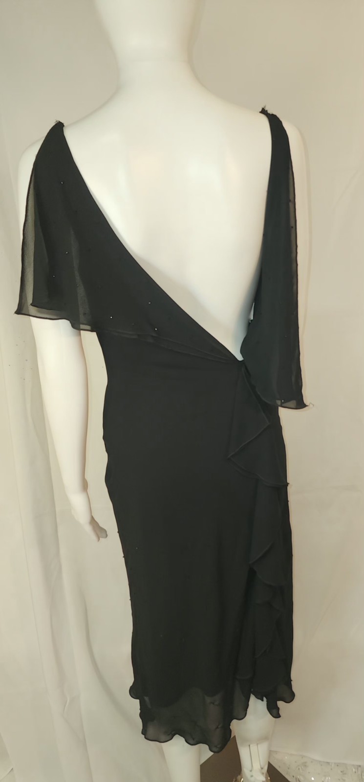 Lucia Figuredo,Black,Cascading Plunge,Flowing Sheer Overlay,Below Knee,SM,NWOT