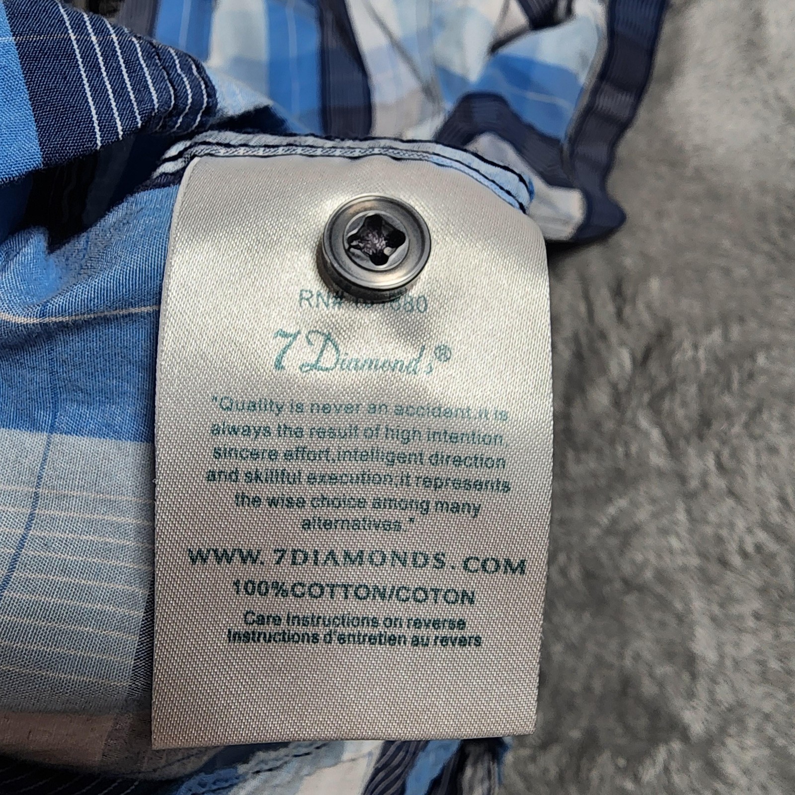 7 Diamonds Shirt Mens Large Blue Plaid Short Sleeve Button Up Snap Pockets Trim