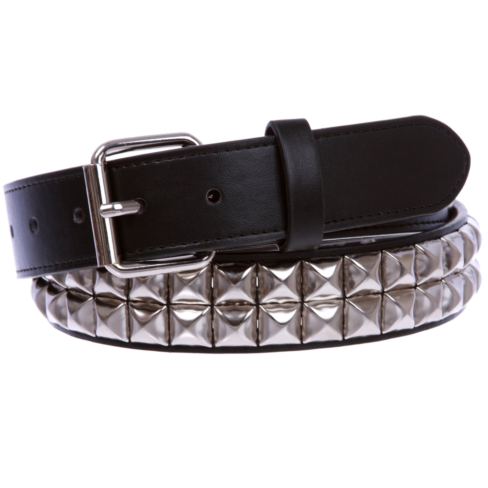 1 1/4″ (33 mm) Snap On Two Row Punk Rock Star Silver Studded Leather Belt Top