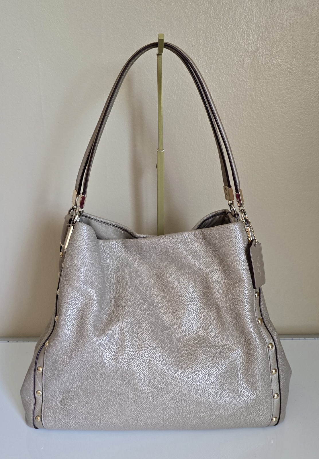 Coach Phoebe Champagne Metallic Pebbled Leather Hobo Shoulder Bag Studded