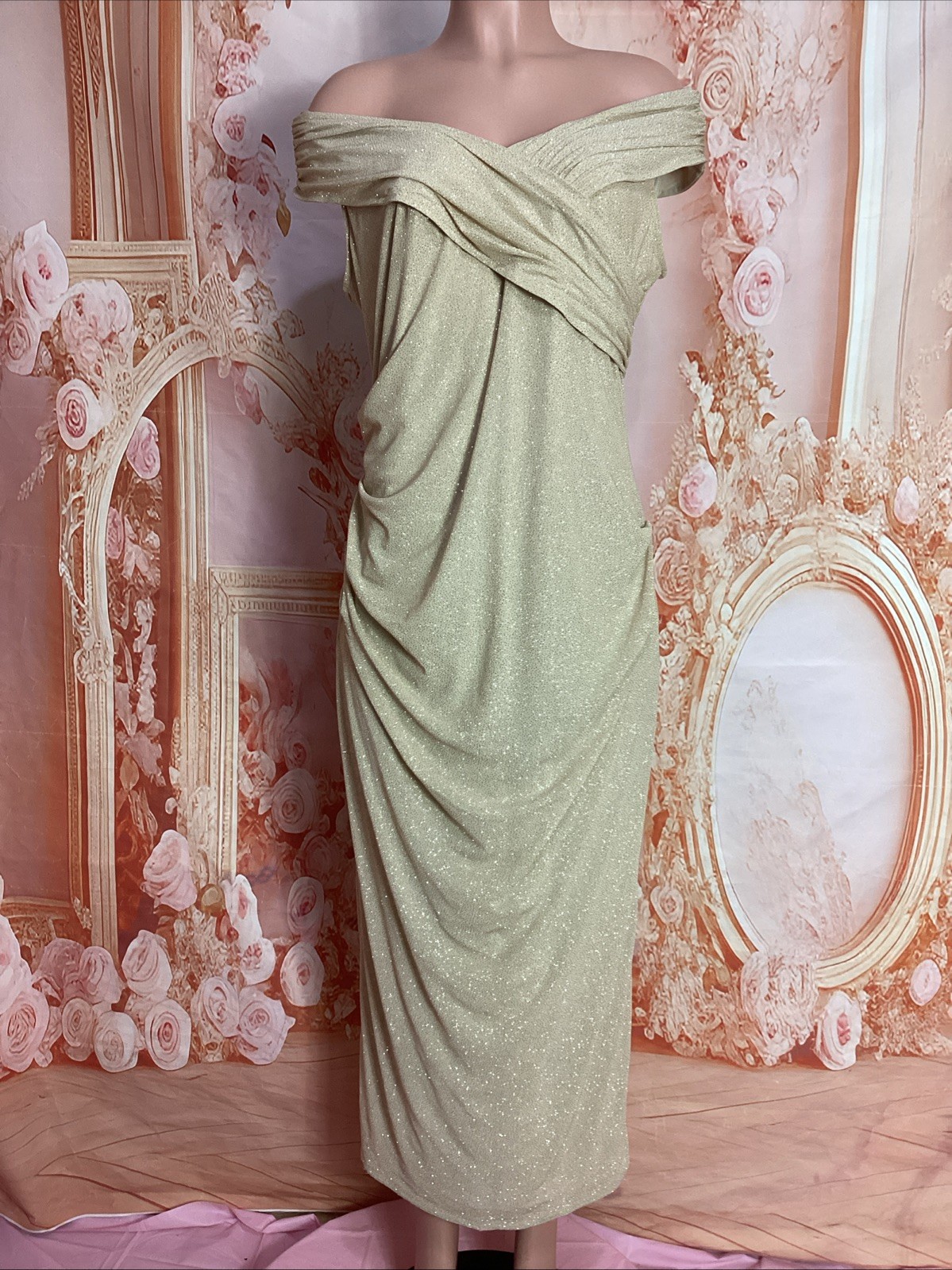 Candalite Champagne Sparkly Metallic Off Shoulder Cruise Prom Formal Gown L
