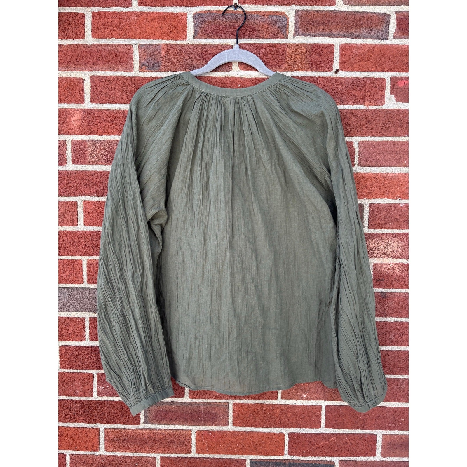 Old Navy Olive Green Peasant Blouse Medium Tall Boho Long Sleeve Cotton Top