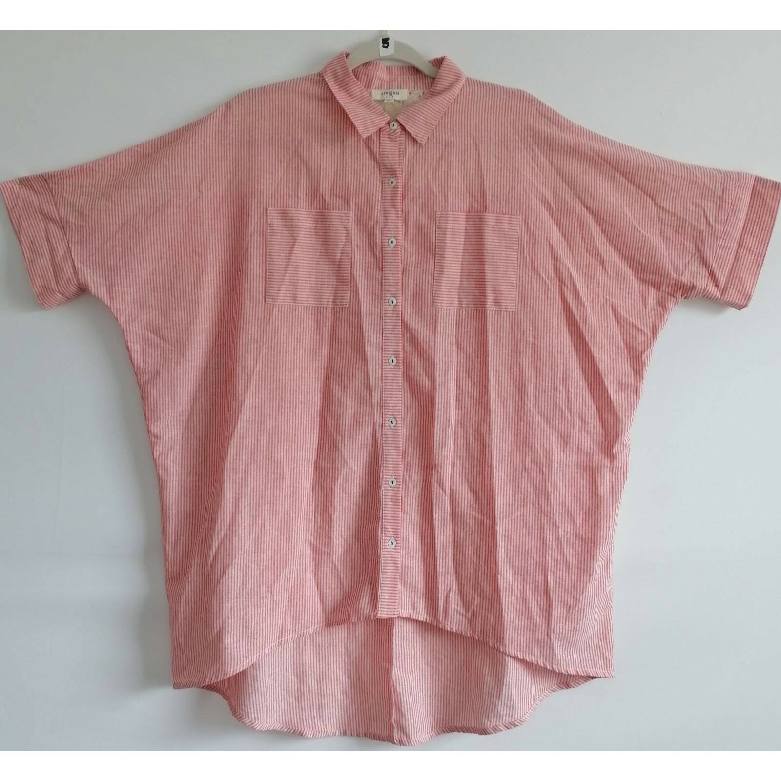 Umgee Womens Button Front Shirt Pink Striped Batwing Dolman Sleeve Pocket Lace M