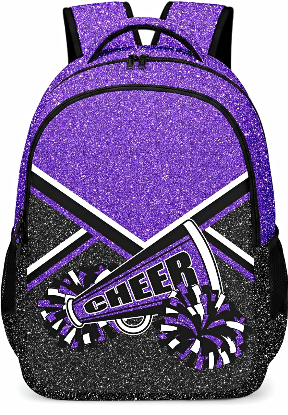Purple Black Glitter Canvas Cheerleading Backpack 16.5×12.6in Side Mesh
