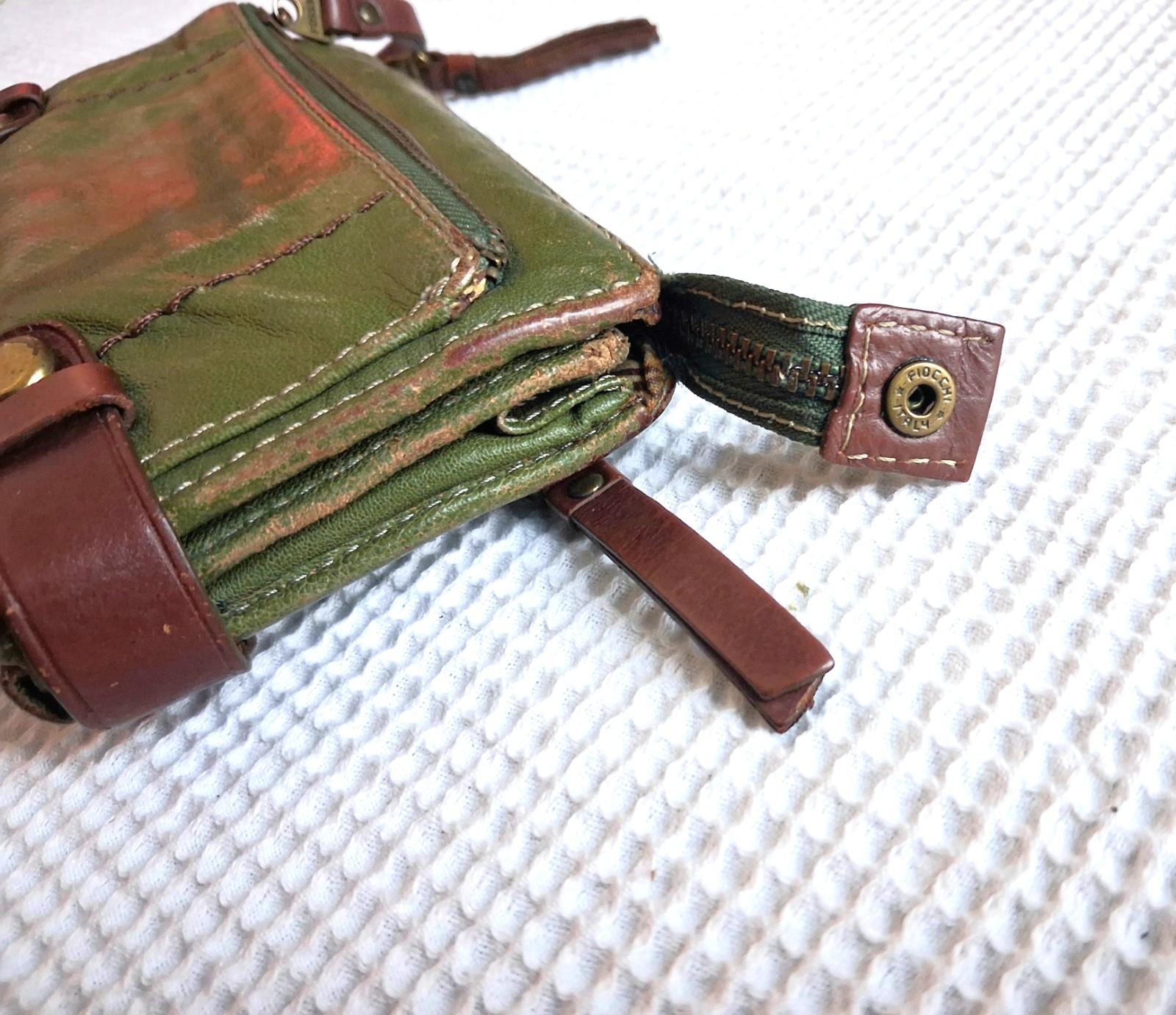 Fossil Olive Green Leather Accordion Organizer Wallet Clutch Fiocchi Italy