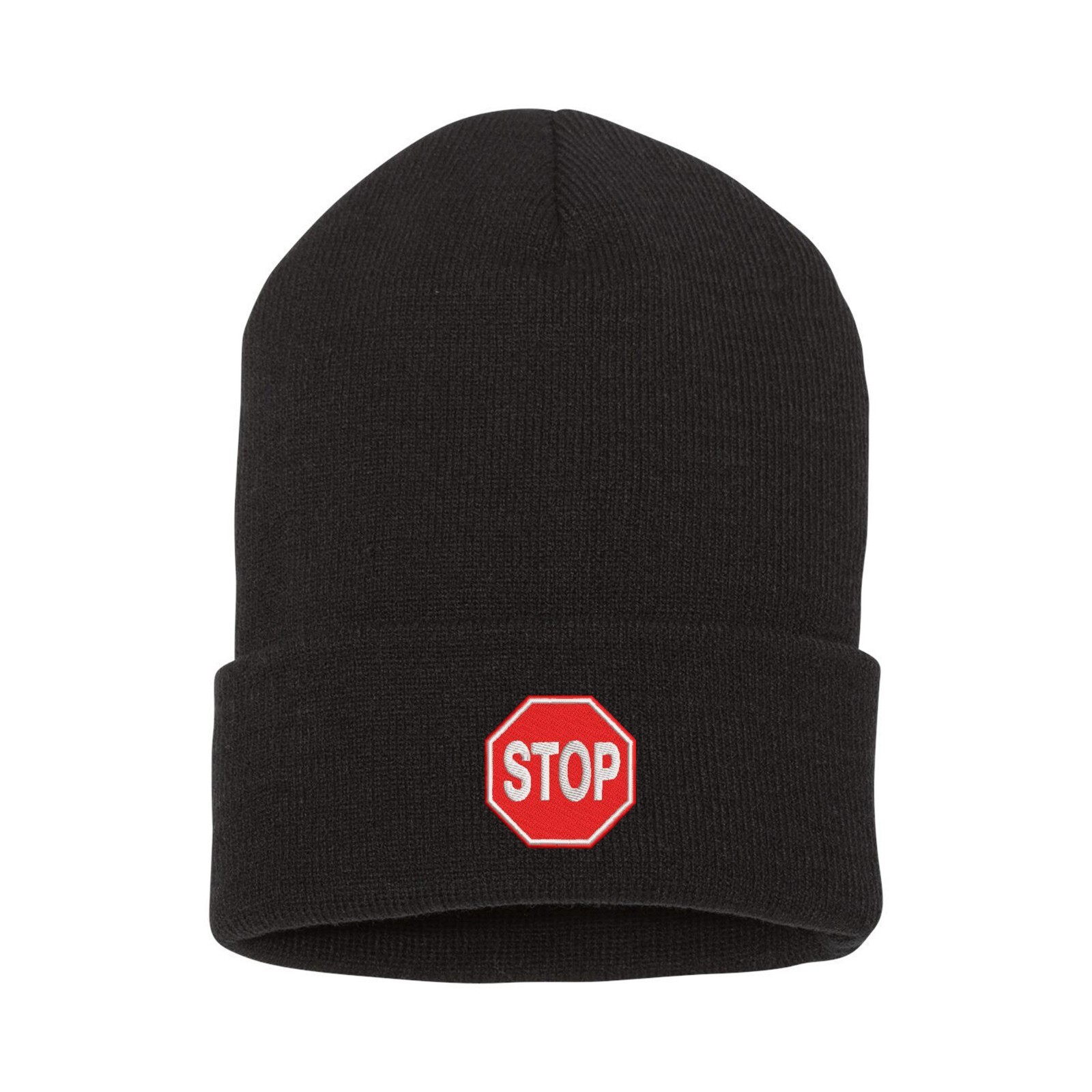 Stop sign symbol embroidered beanie hat, custom beanie hat