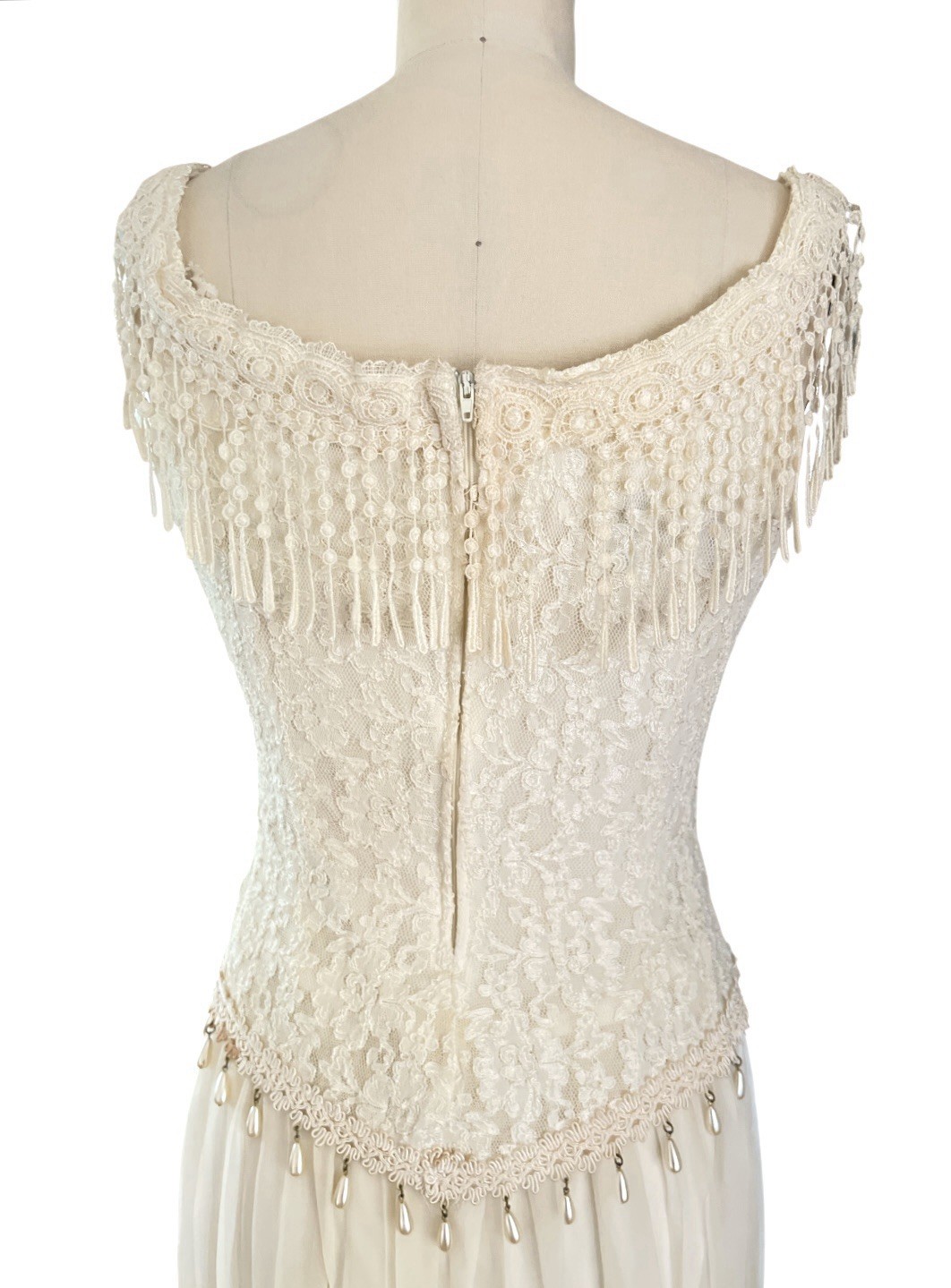 Y2K 90s Lace Midi Dress Sheer Pleated Pearl Beaded Fringe Cottagecore Bridal