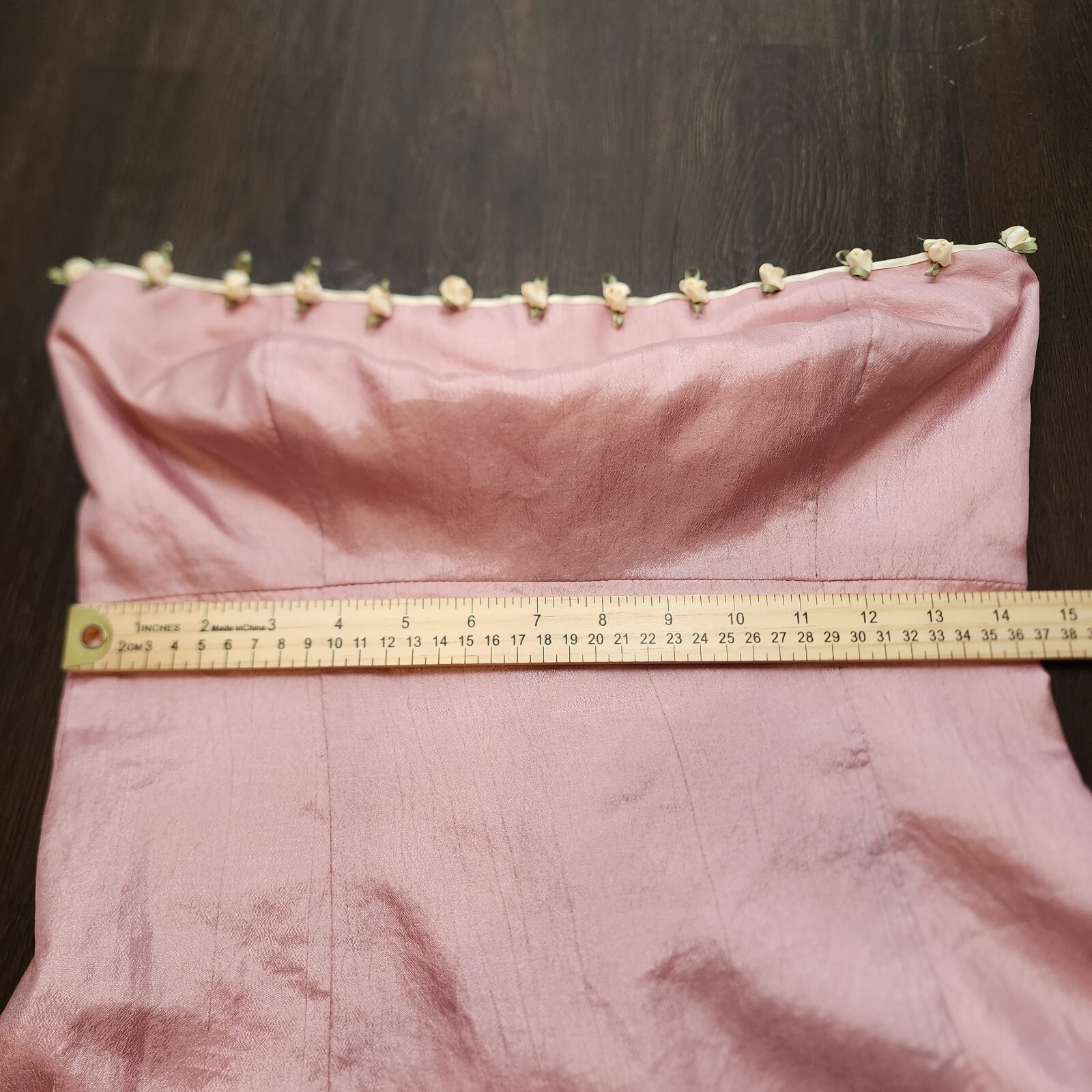 Vintage 90s Pink Silk Satin Rosebud Dress Strapless Ivory Ribbons Homemade ~M