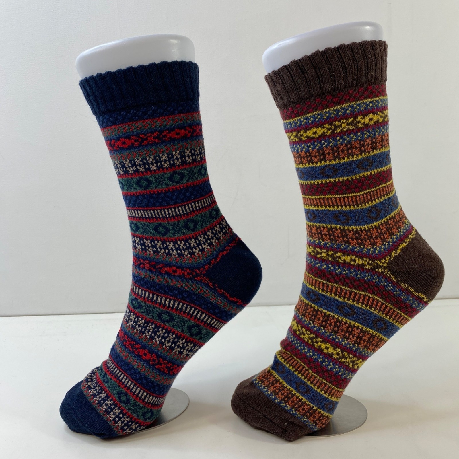 Womens Crew Socks Set 2 Nordic Pattern Stripes Black Brown Yellow Blue Red