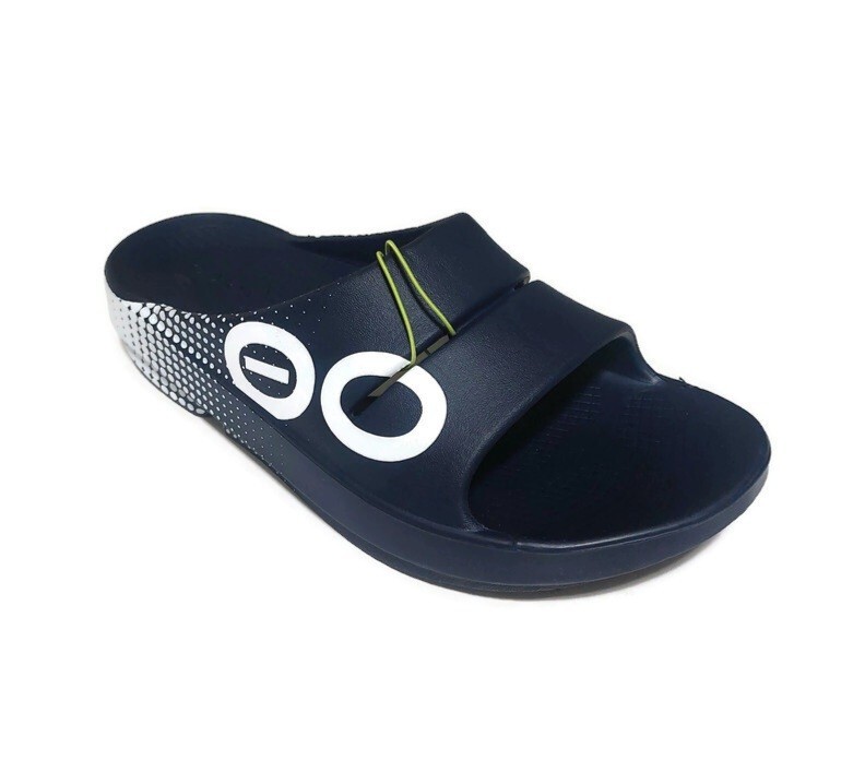 OOFOS Ooahh Sport Recovery Slide Mens Size 7 Womens 9 Sandal Matrix Navy Blue