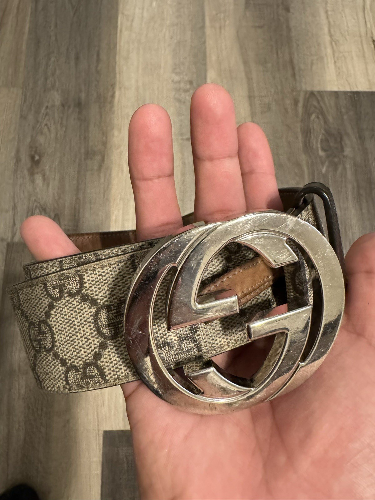 Gucci GG Monogram Beige Brown Men’s Dress Belt Silver Double G Buckle Adjustable