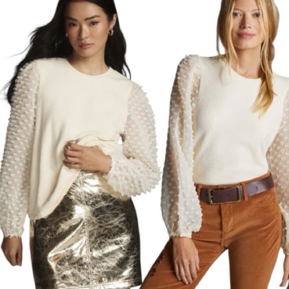 Anthropologie Maeve Textured Long Sleeves Ivory Top Blouse Size M Romantic