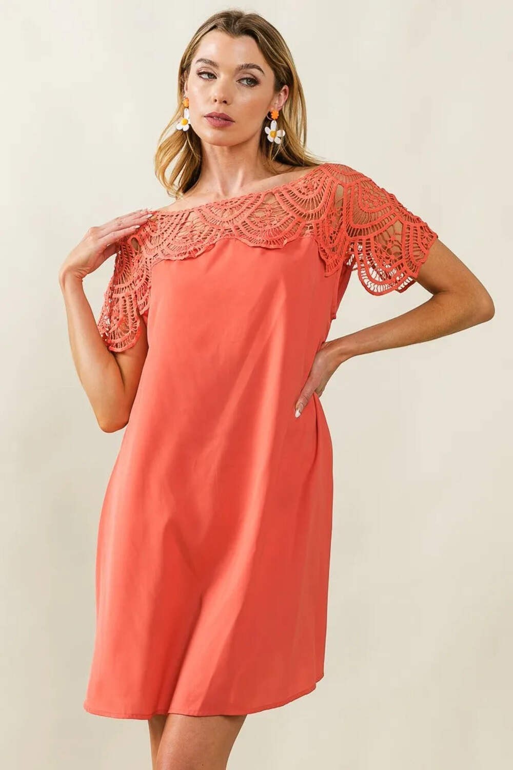 Crochet Lace Yoke Detailed Wrinkled Dress