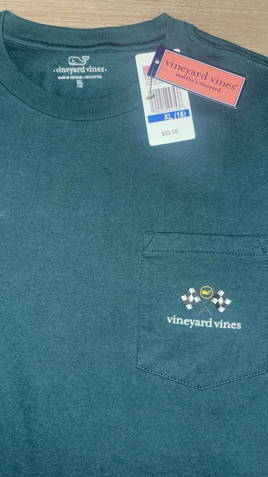 NWT Vineyard Vines T-SHIRT LS RACE TRACK WF PKT TEE TEAL DECOY Boys’ XL 18 New!
