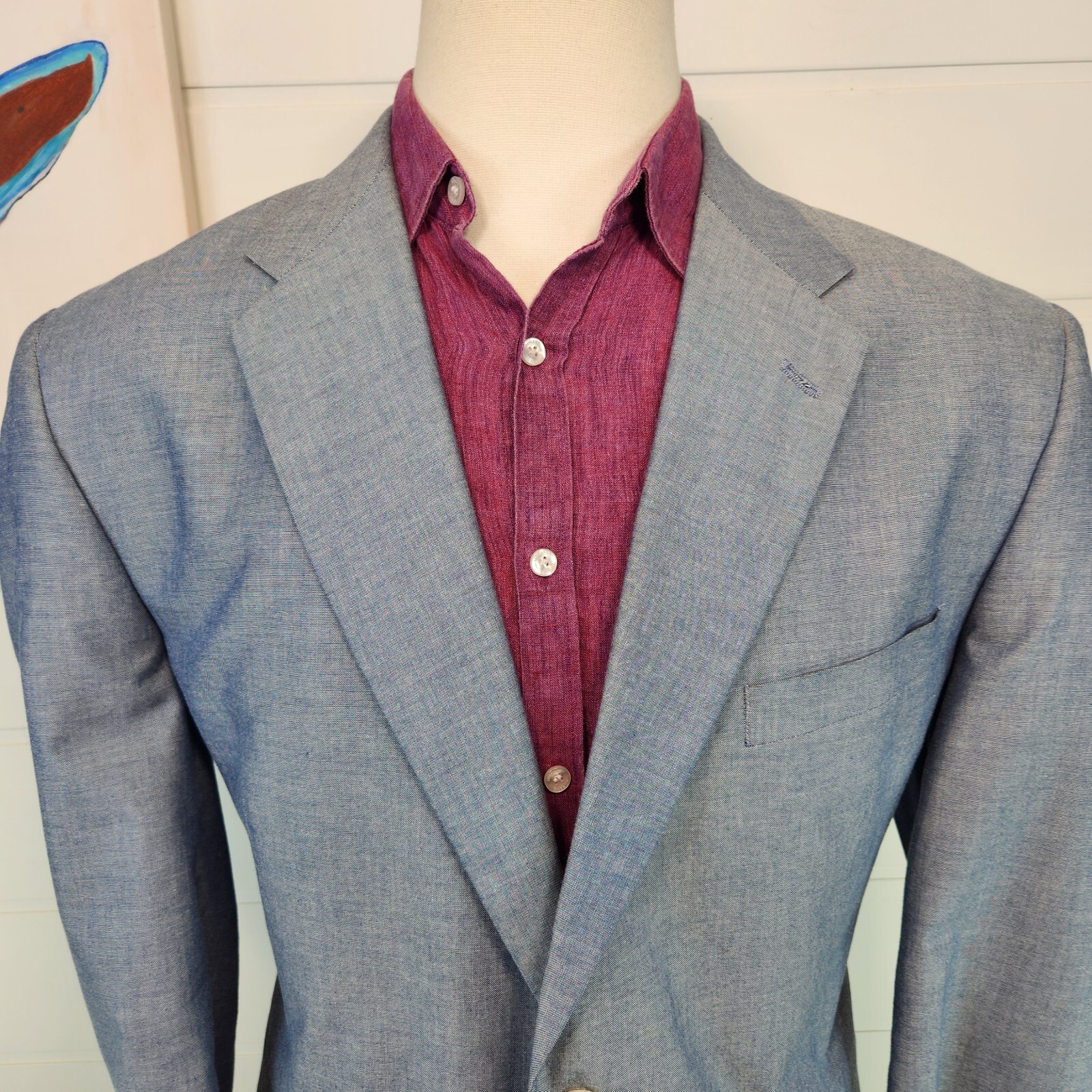 Stafford Mens Two Button Classic Fit Blazer Jacket Blue Cotton Birdseye Size 46R