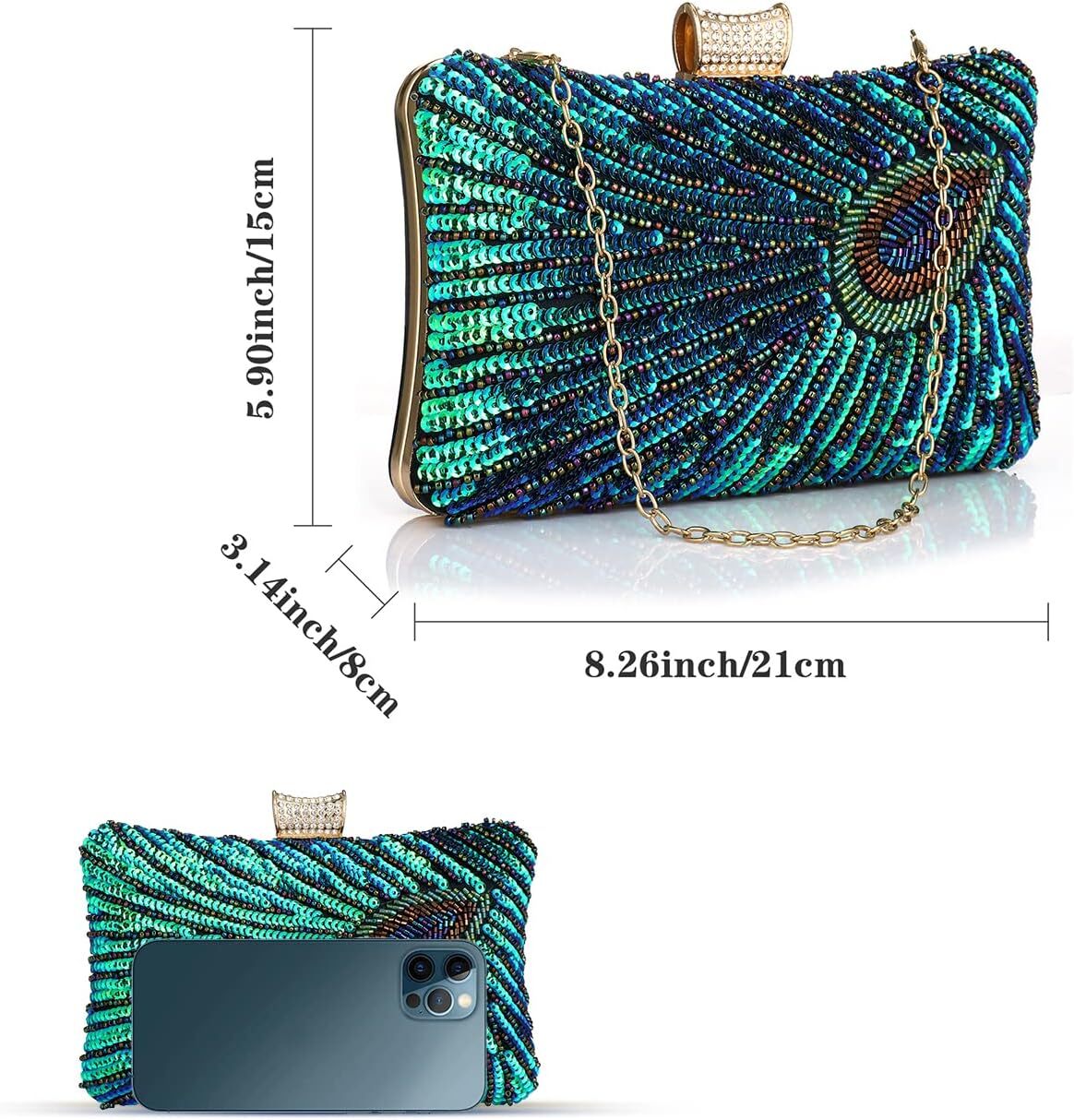 Beaded Sequin Peacock Evening Clutch Bags Party Wedding Purse 7.9*4.7*2.4 in
