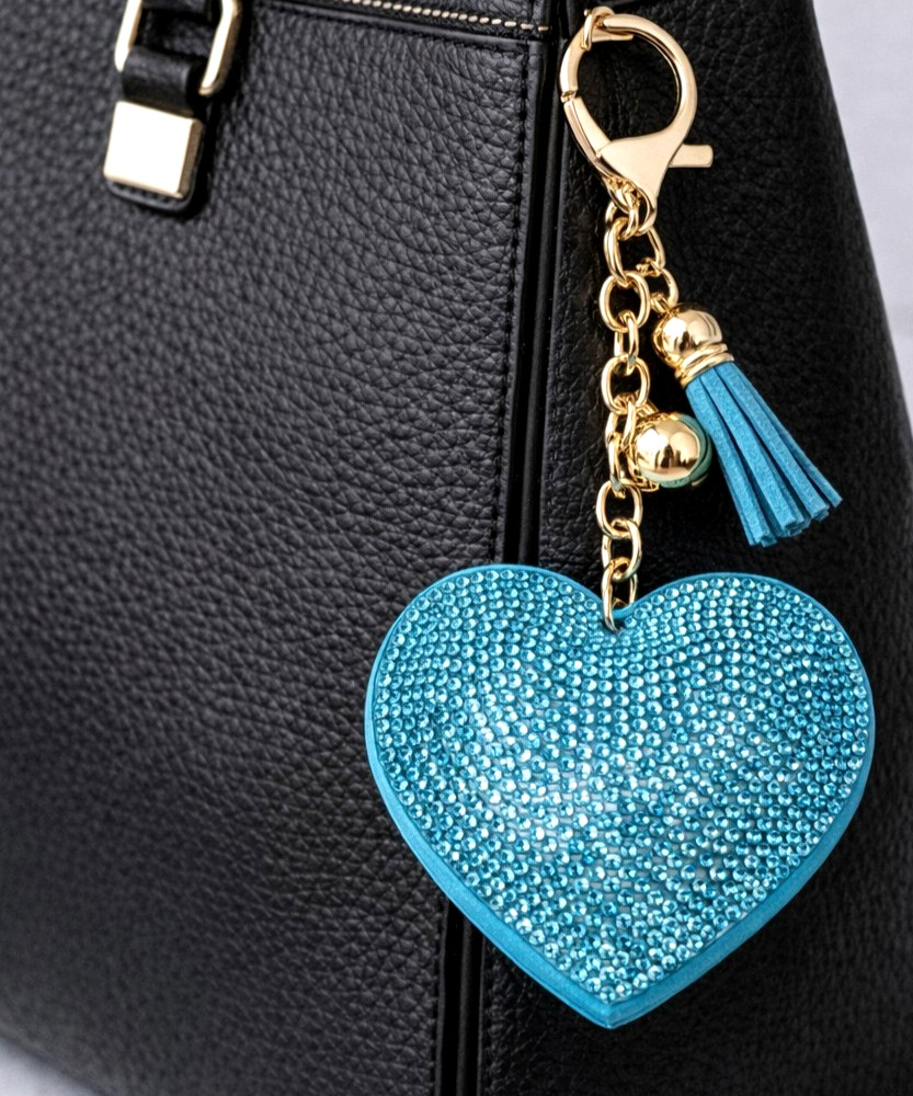 Heart Rhinestone Bling Bag Charm Keychain Tassel Blue Sparkle NEW