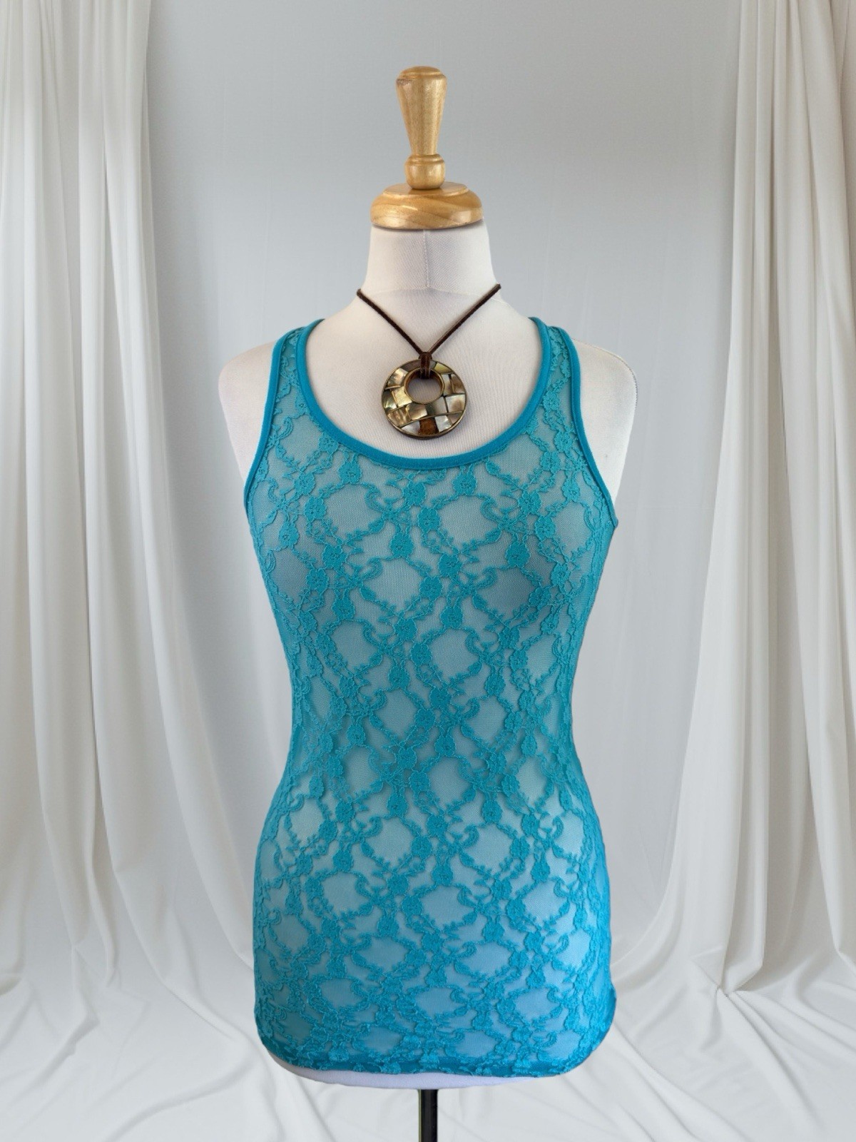 Blue Lace Sheer Sleeveless Tank Top Boho Hippie Fairycore Y2K Beach Feminine S