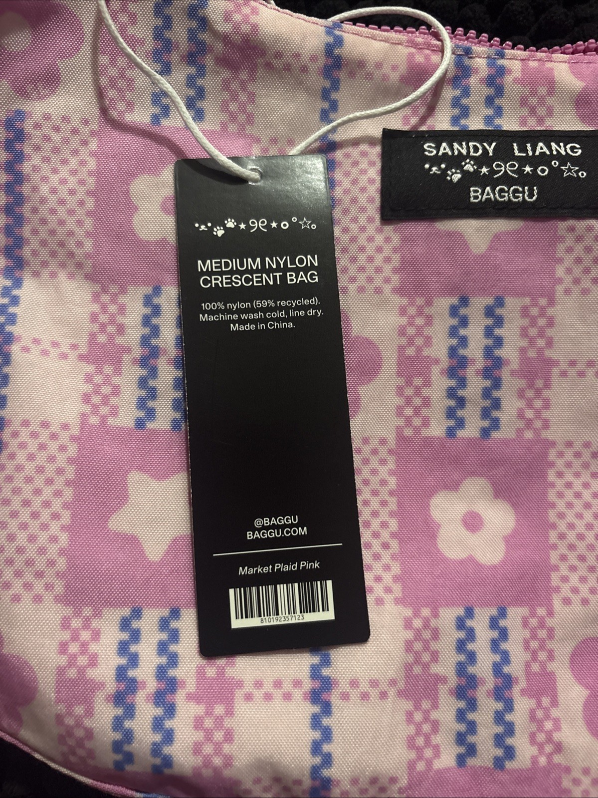 BAGGU X Sandy Liang Medium Nylon Crescent Bag in Market Plaid Pink (Flowers)