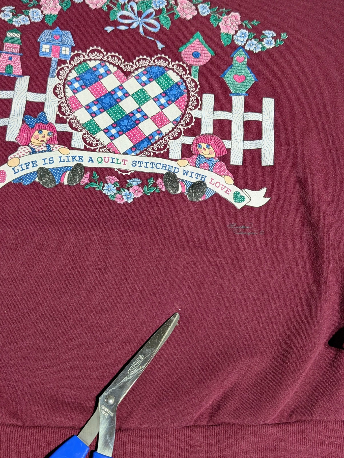 Vintage Sweatshirt Endless Designs Sz Large Quilt Heart Love Bird House Plum