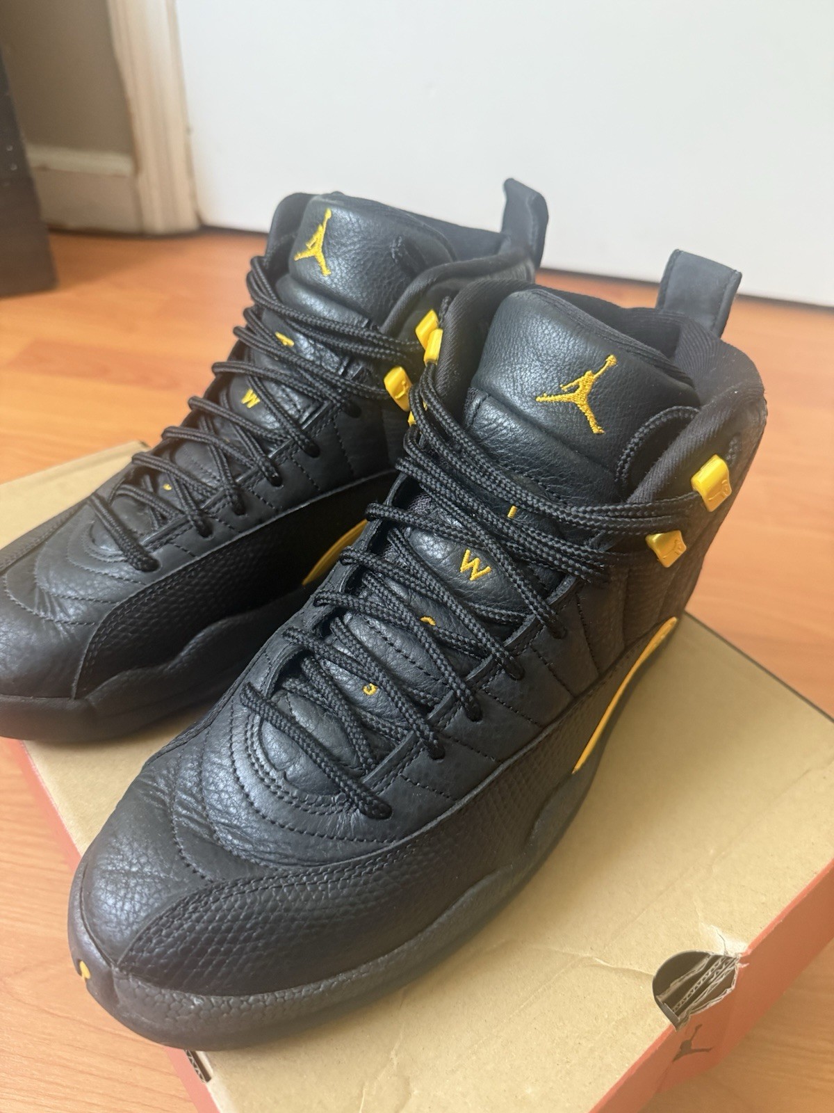 Jordan Air Jordan 12 Black/Yellow Solid High Top Lace-Up Basketball Sneakers