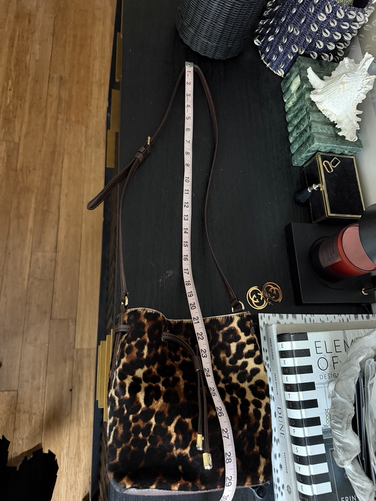 Ralph Lauren Leopard Debby Drawstring Bag Brown Black Gold Hardware