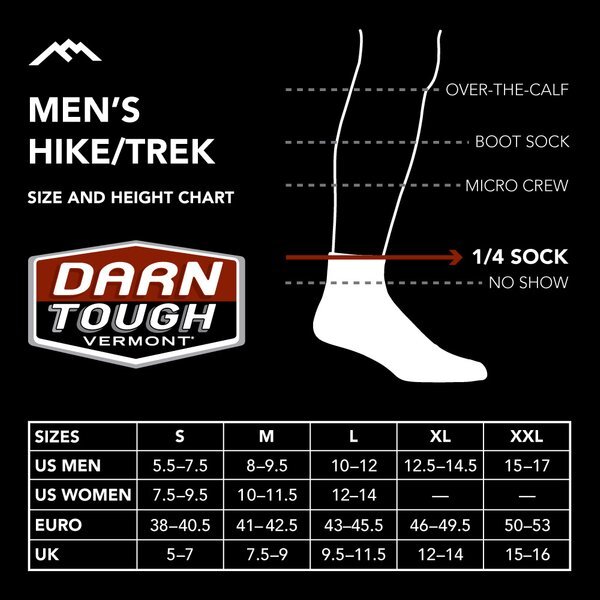DARN TOUGH 1034 MEN’S Black RUNNING MERINO WOOL 1/4 SOCKS Ultra Light XL L M