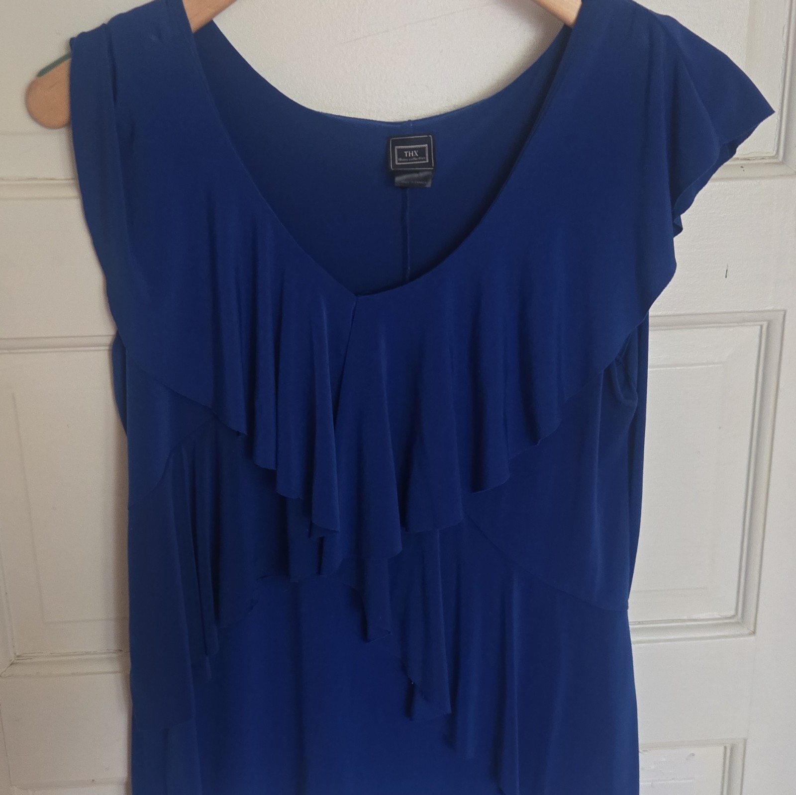 THX thanx collection Women’s Blue Solid Ruffle V-Neck Cap Sleeve Blouse