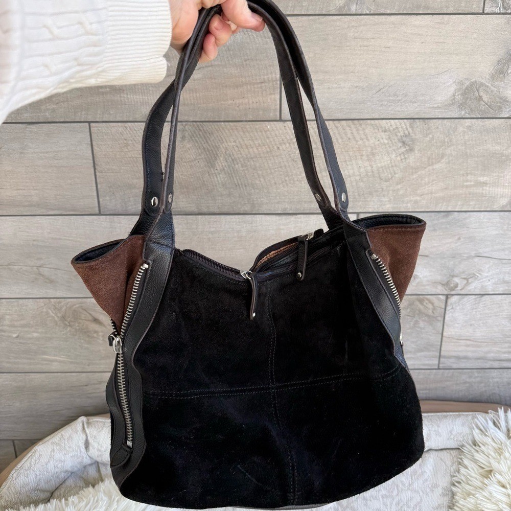 Tignanello Y2K Black Brown Zipper Suede Leather Hobo Womens Shoulder Handbag EUC
