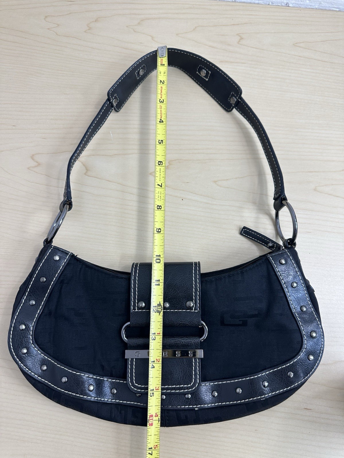 GUESS Vintage Black Logo Shoulder Bag Studded Buckle Magnetic Close Silver