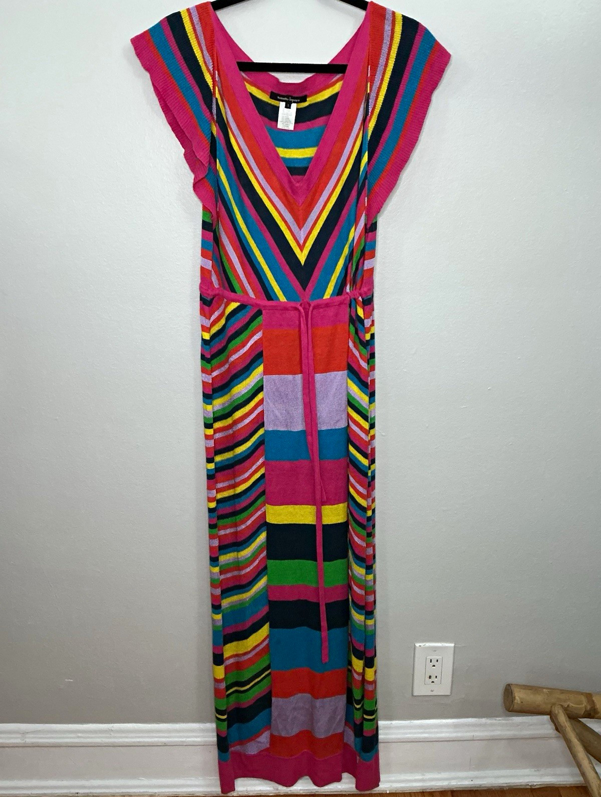 Barbiecore Nanette Lepore Multicolor Striped Knit Maxi Dress Cap Sleeve S