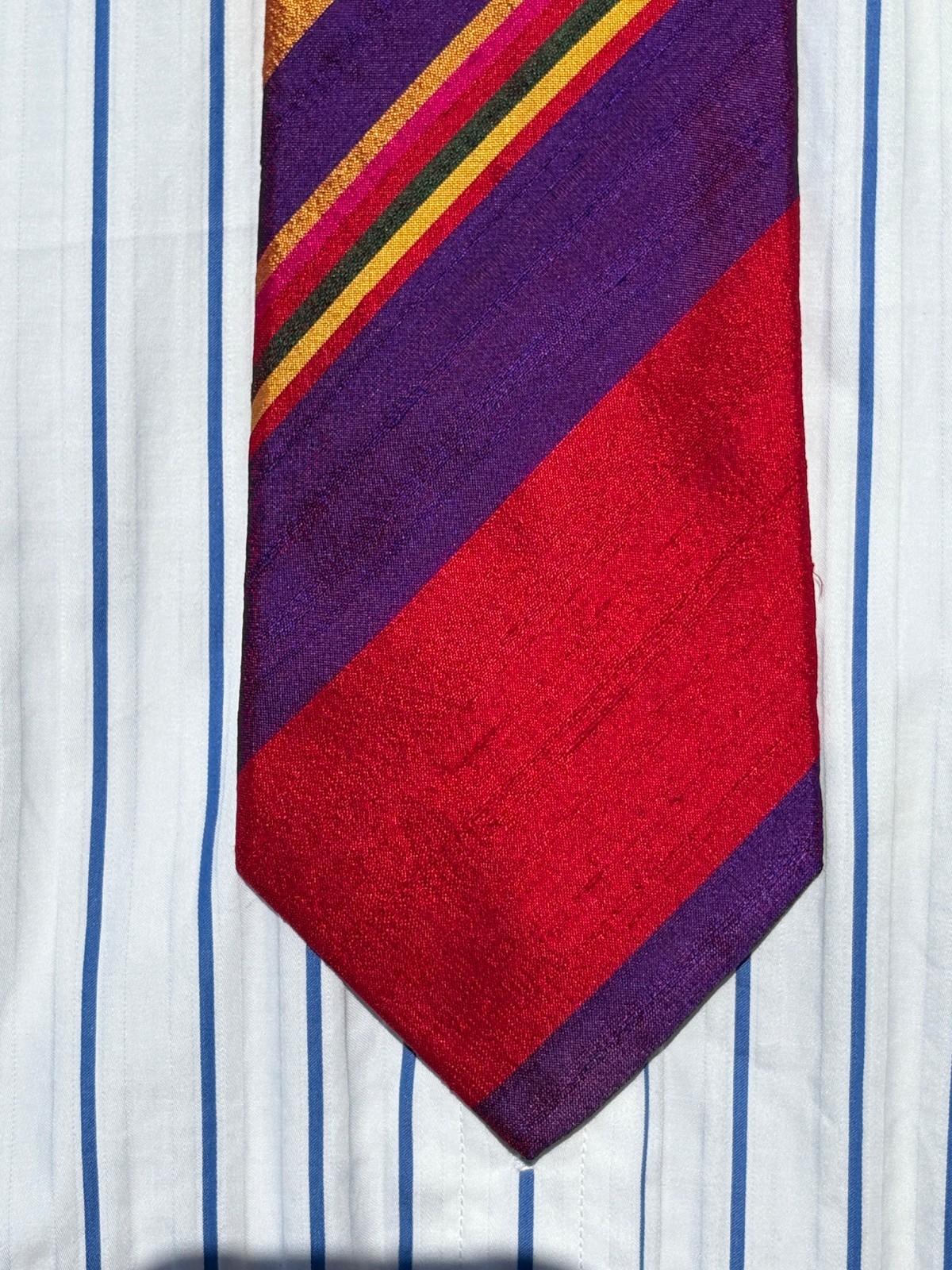 Ralph Lauren Purple Label Red & Violet Stripe Shantung Silk Tie – Italy- $235.00