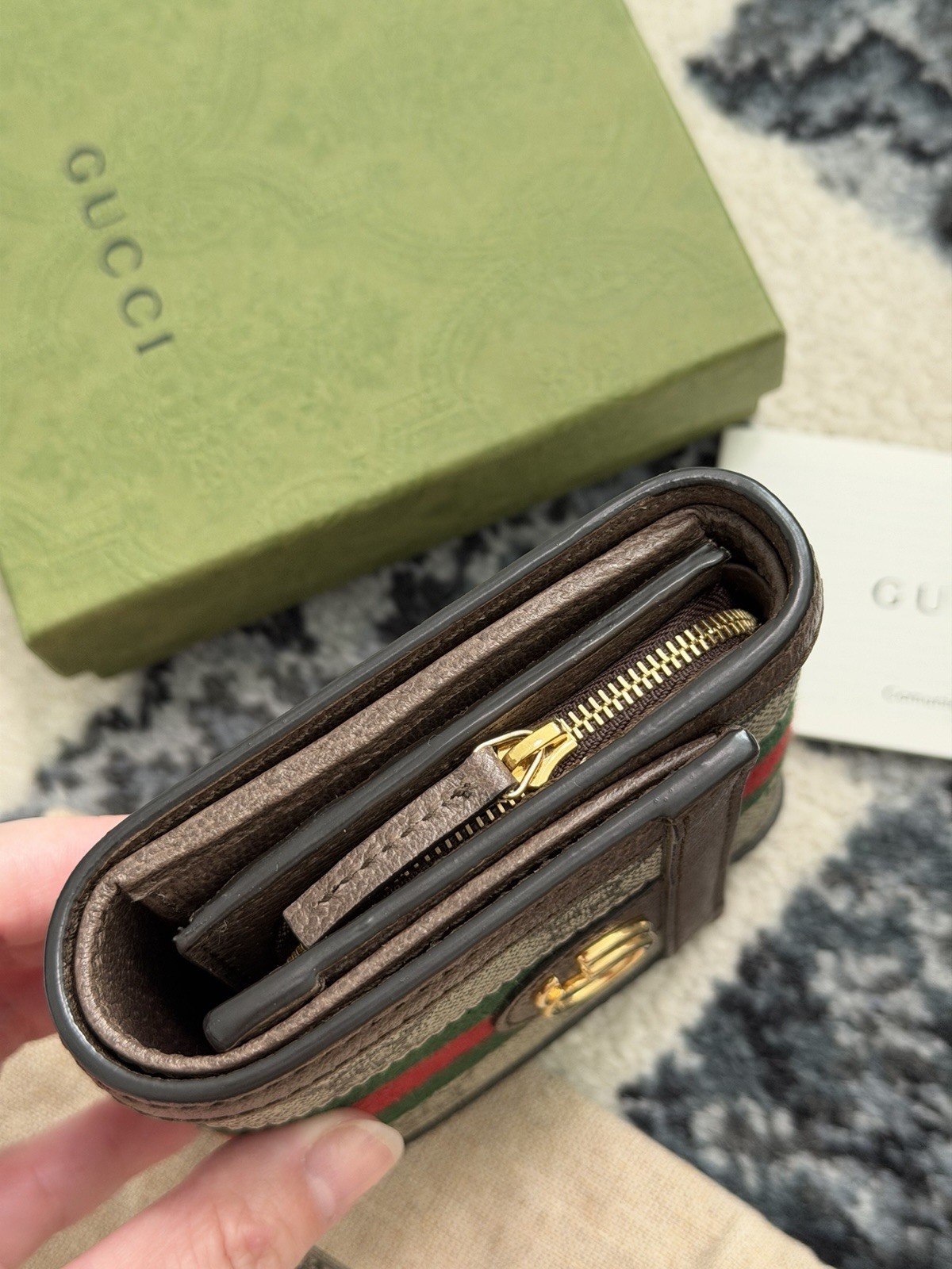 Auth Gucci GG Supreme Ophidia Web Trifold Card Case Wallet