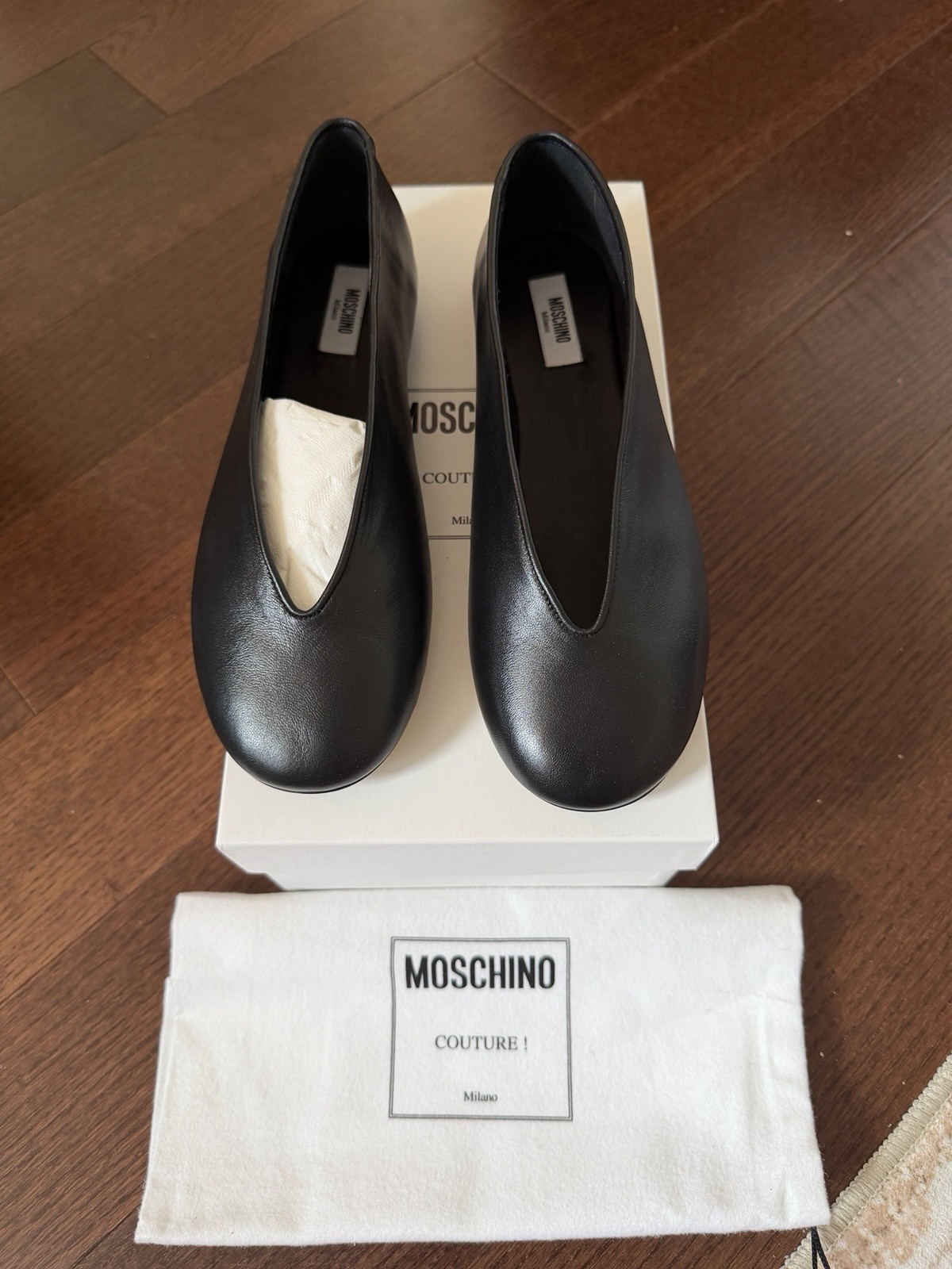 Moschino Women’s Black Leather Slip-On Ballet Flats Round Toe Logo EU37.5