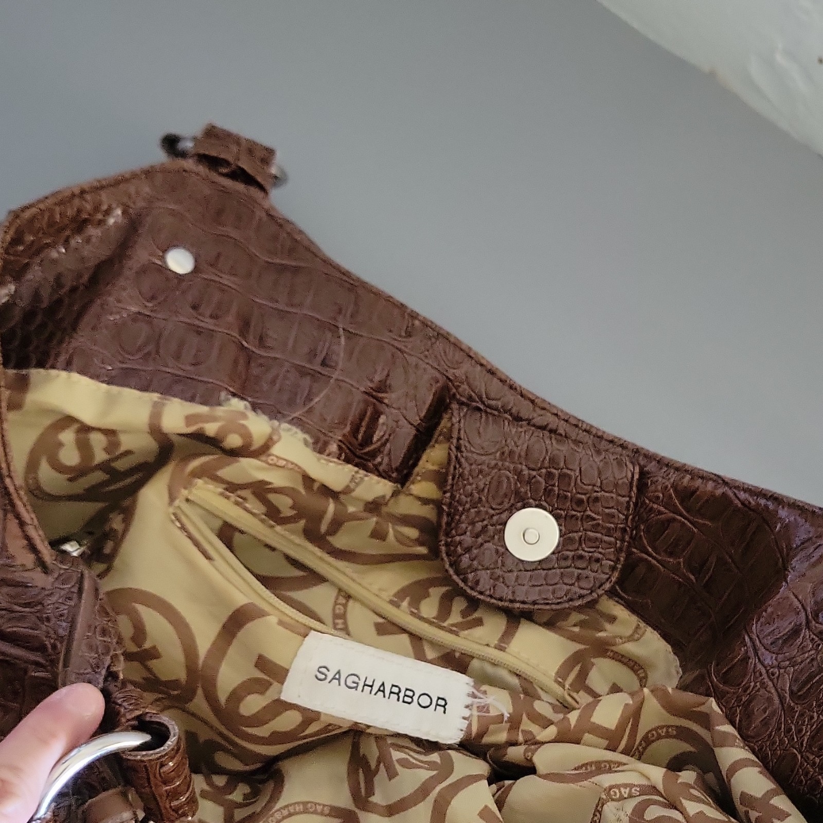 Sag Harbor Brown Croc Embossed Large Shoulder Bag, Snap Closure, Lined Pockets