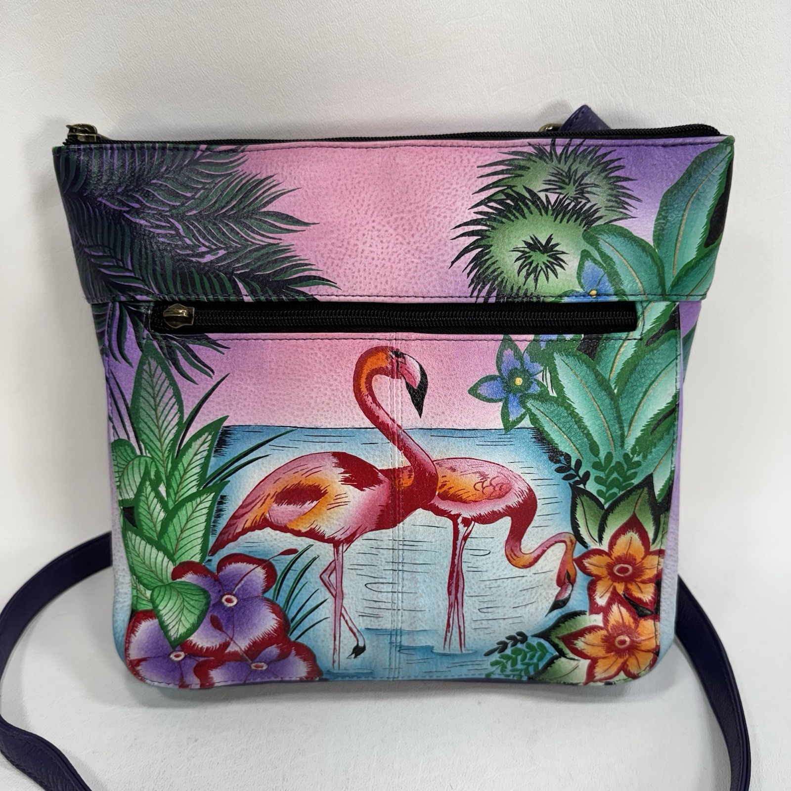 Anuschka Hand-Painted Leather Medium Crossbody Tropical Flamingos – See Details