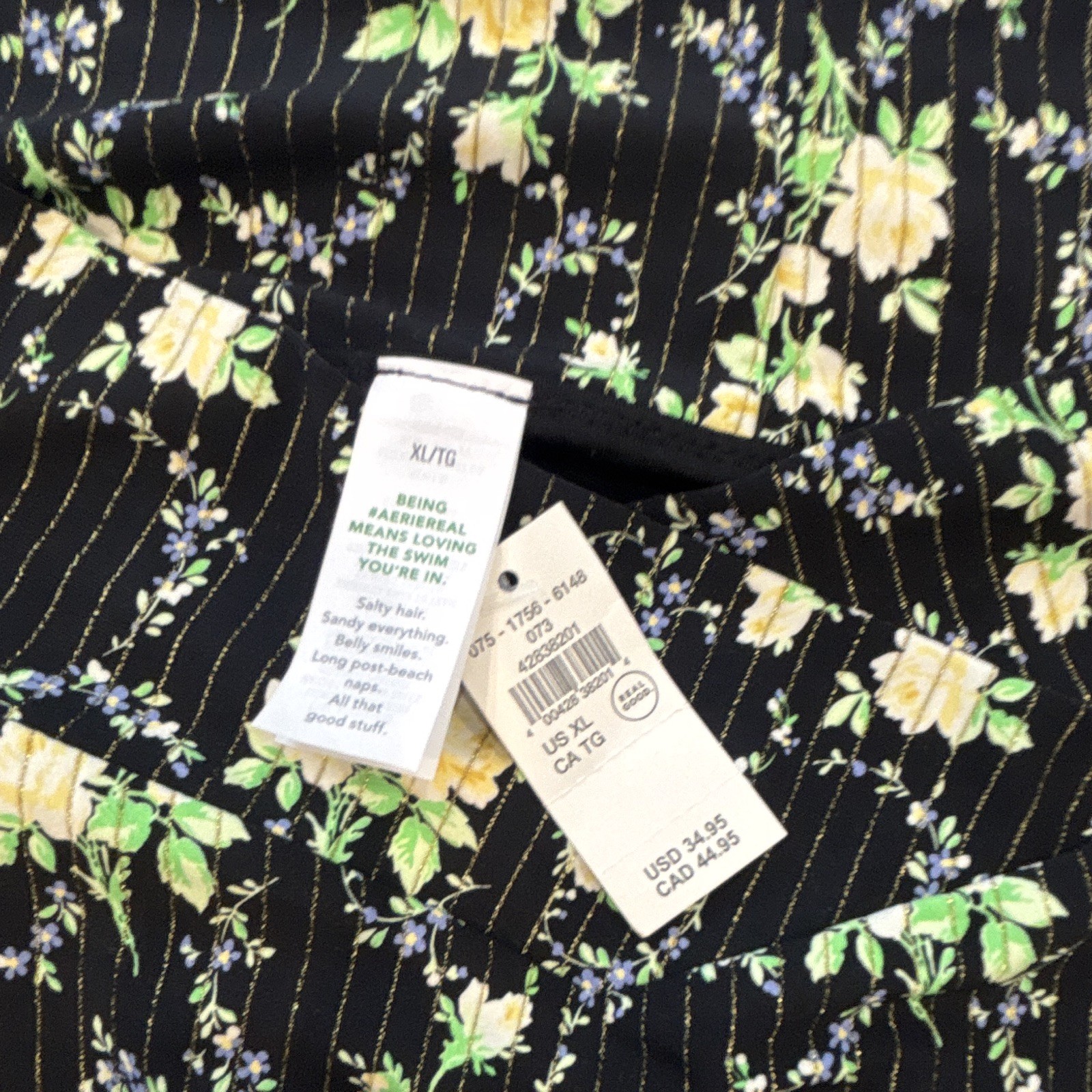 Aerie XL High-Waisted Bandeau Bikini Set Floral Striped Black Yellow