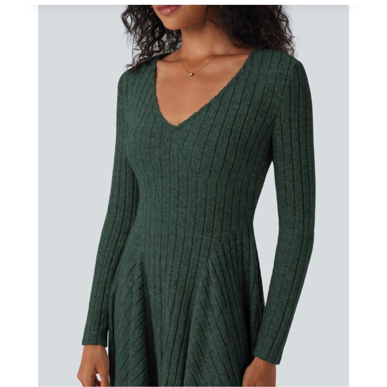 Halara Green Ribbed Fit & Flare Dress – Long Sleeve V-Neck – Size S