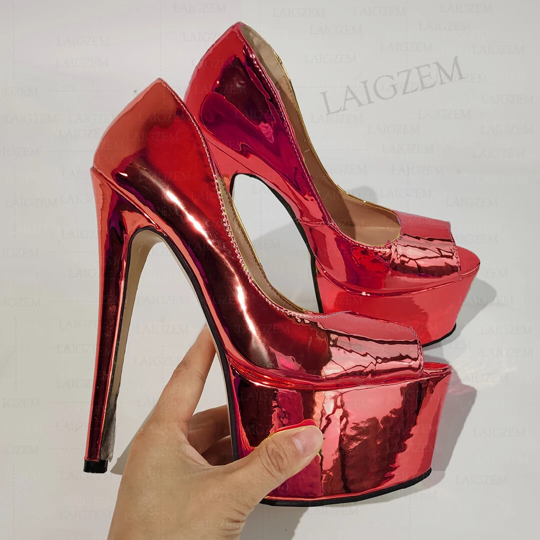 Women Pumps Peep Toe Metallic Color Thin High Heels Sandals Slip On Shoes Woman