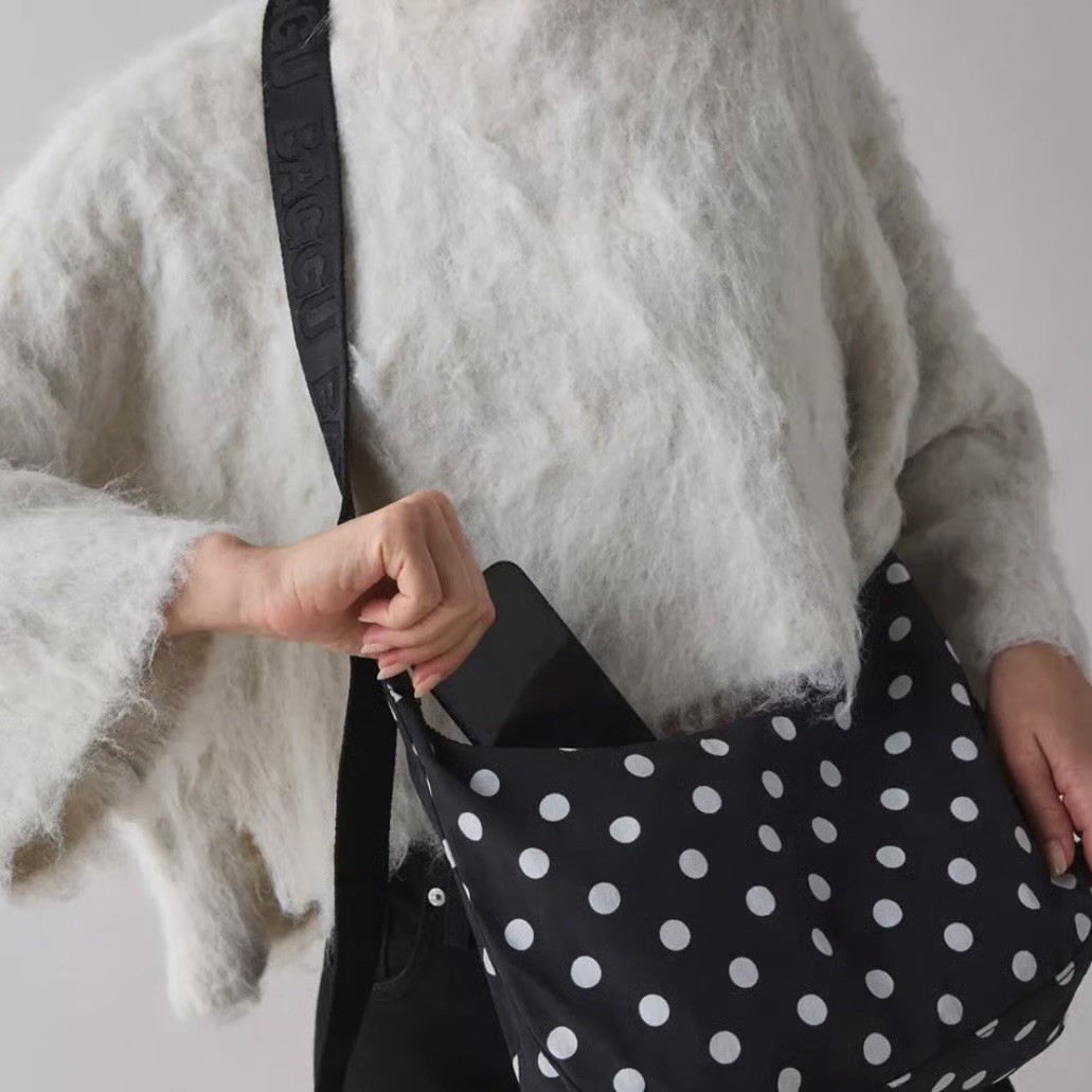 Baggu Medium Nylon Crescent Bag Black & White Polka Dot Brand New With Tag