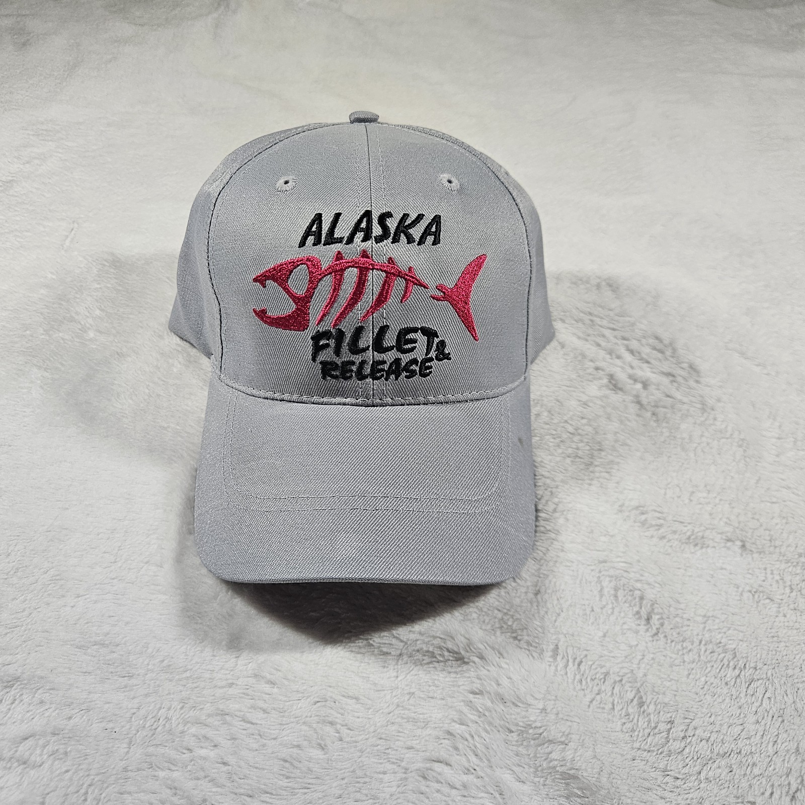 “ALASKA FILLET & RELEASE” Red fish skeleton design Adjustable Gray Fishing Cap