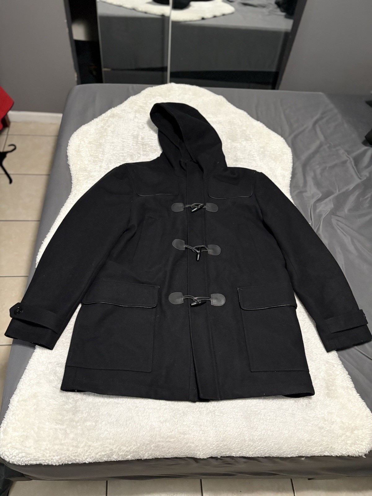 Express Mens Black Wool Blend Hooded Peacoat Toggle Jacket Size Large Coat