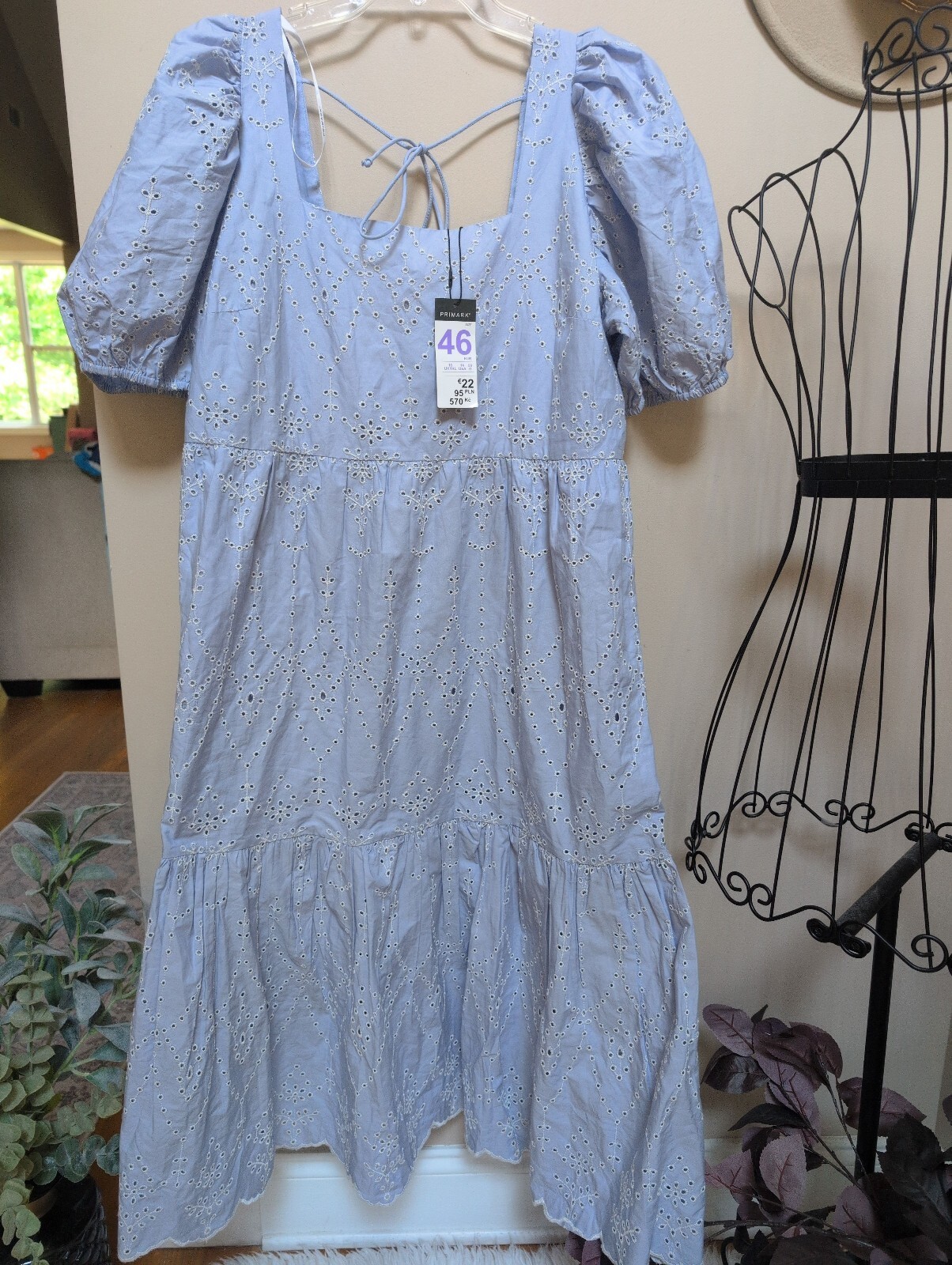 Primark Light Blue Eyelet Puff Sleeve Midi Dress Size 14 (US) / 46 (EUR)